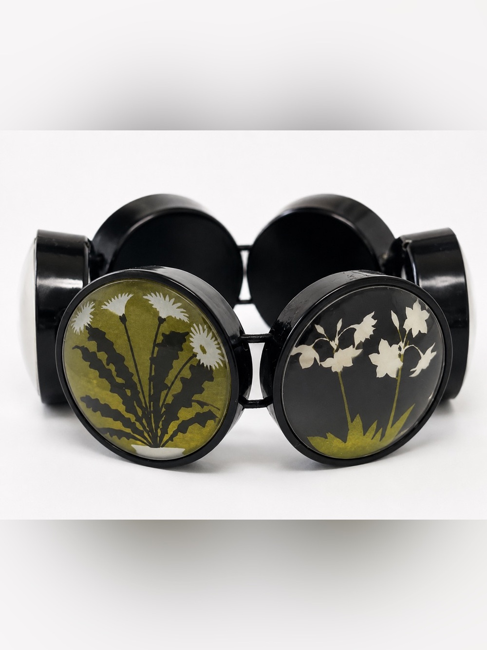 Vintage Hot Cakes Black and Olive Green Floral Resin Link Bubble Bracelet